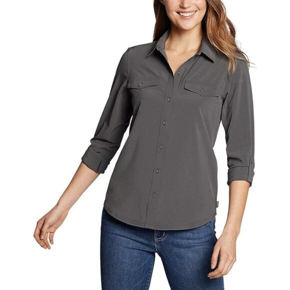 Eddie Bauer Departure 2.0 Long-Sleeve Shirt Women XL Roll Tab Button Up Charcoal - Picture 2 of 14